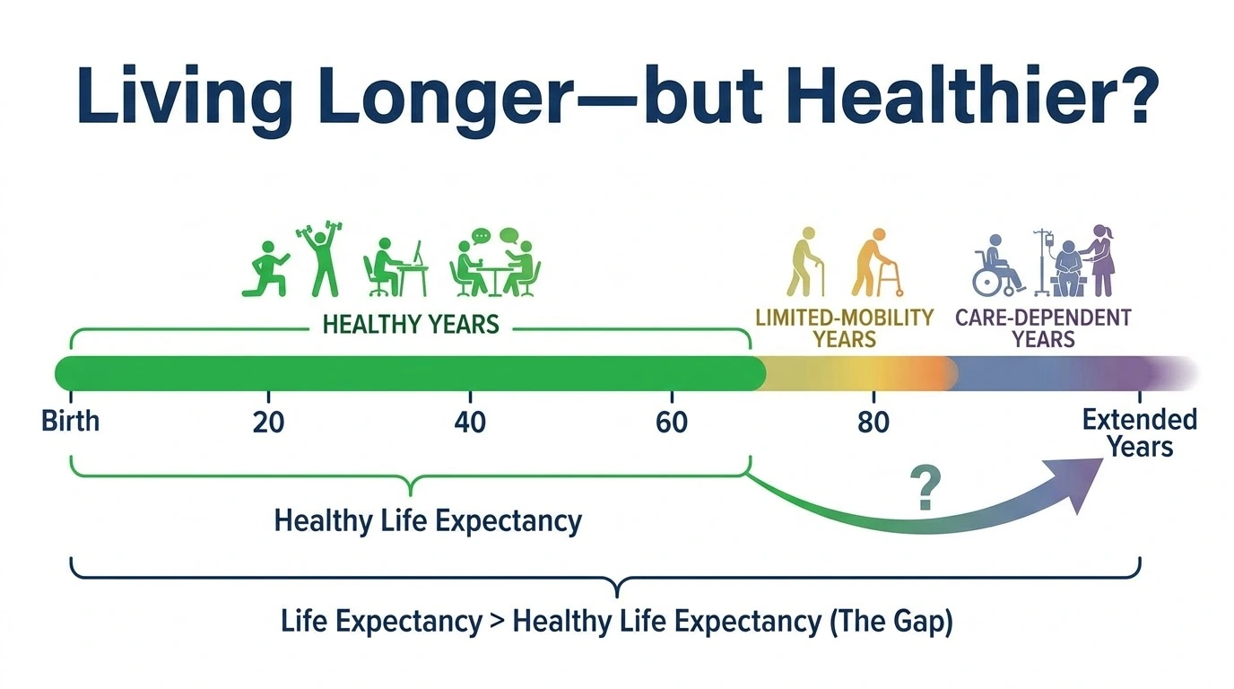 Difference between life expectancy and healthy life expectancy.